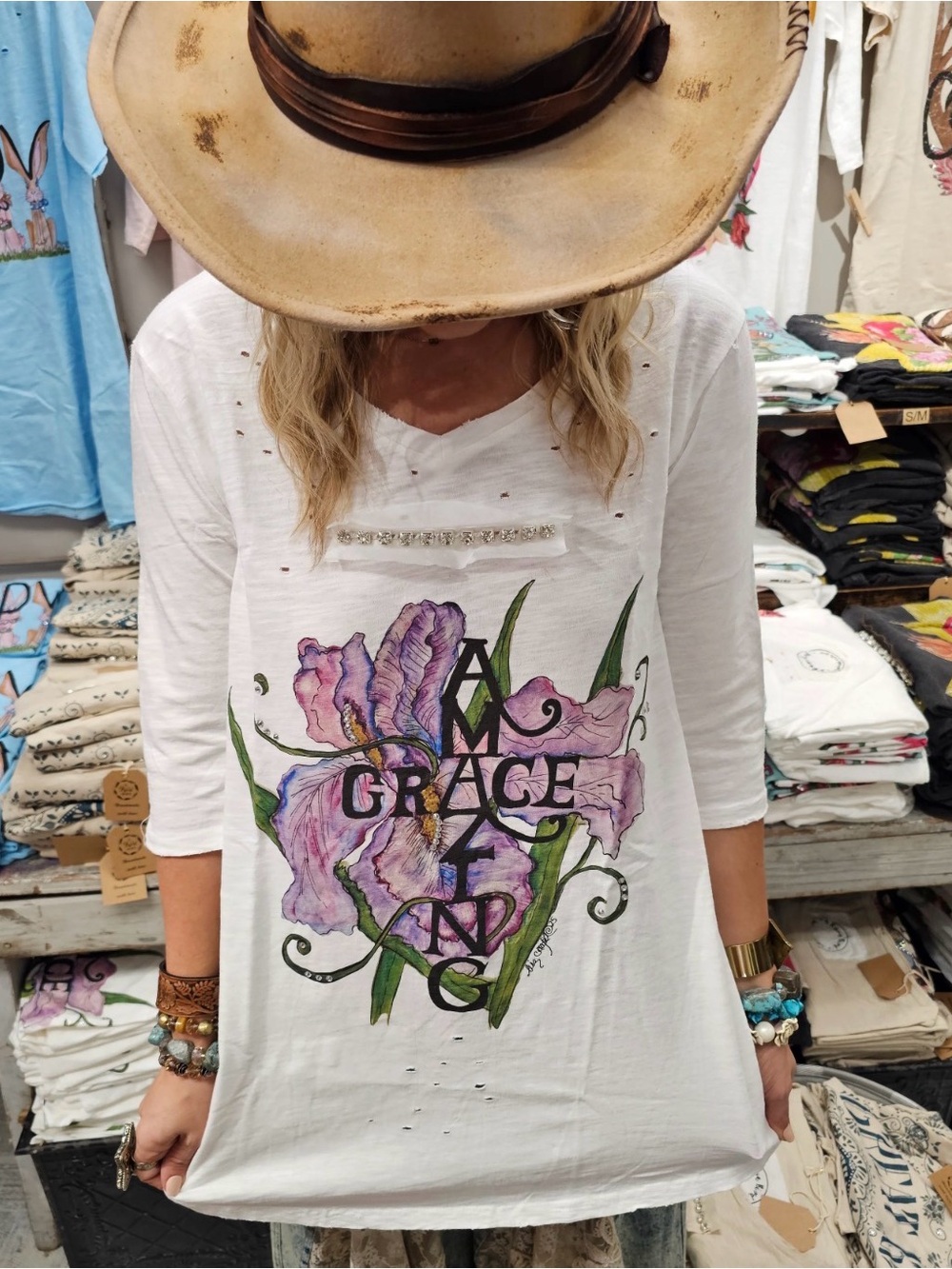 Women’s White Floral Graphic Tunic with Purple Accent